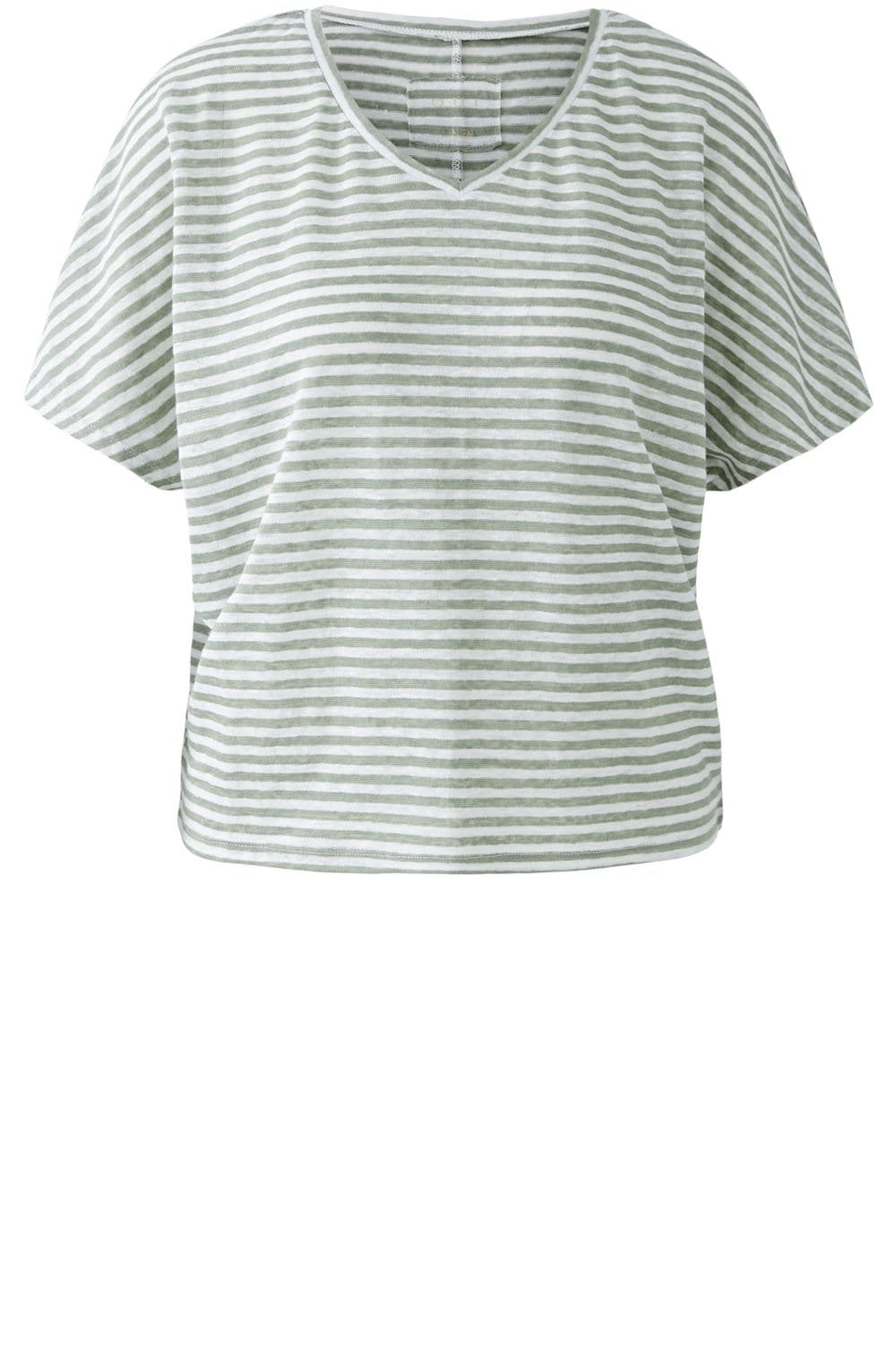 Khaki Green Striped Linen V Neck T Shirt