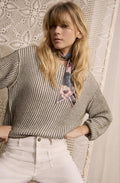 Khaki Shimmer and White Ribbed Knit Jumper
