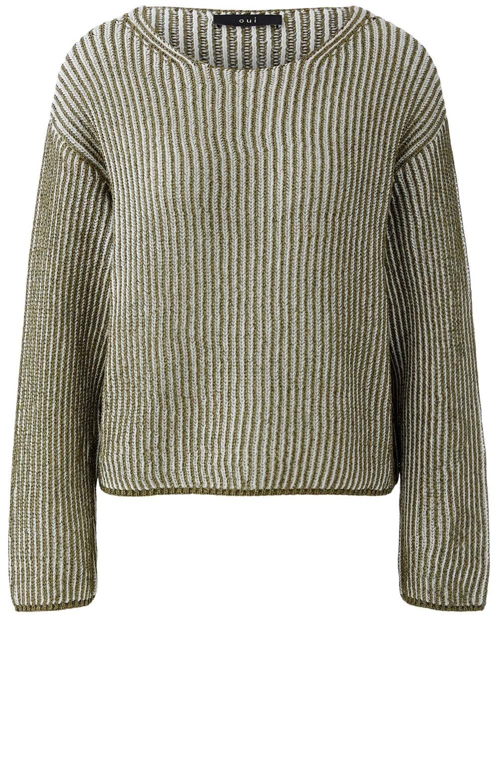 Khaki Shimmer and White Ribbed Knit Jumper