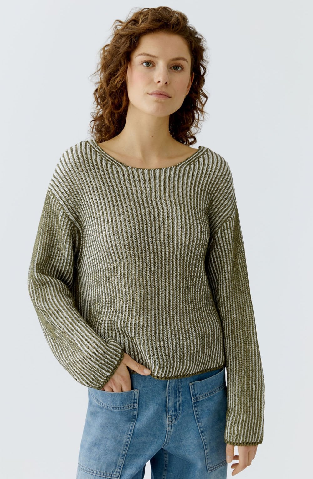 Khaki Shimmer and White Ribbed Knit Jumper
