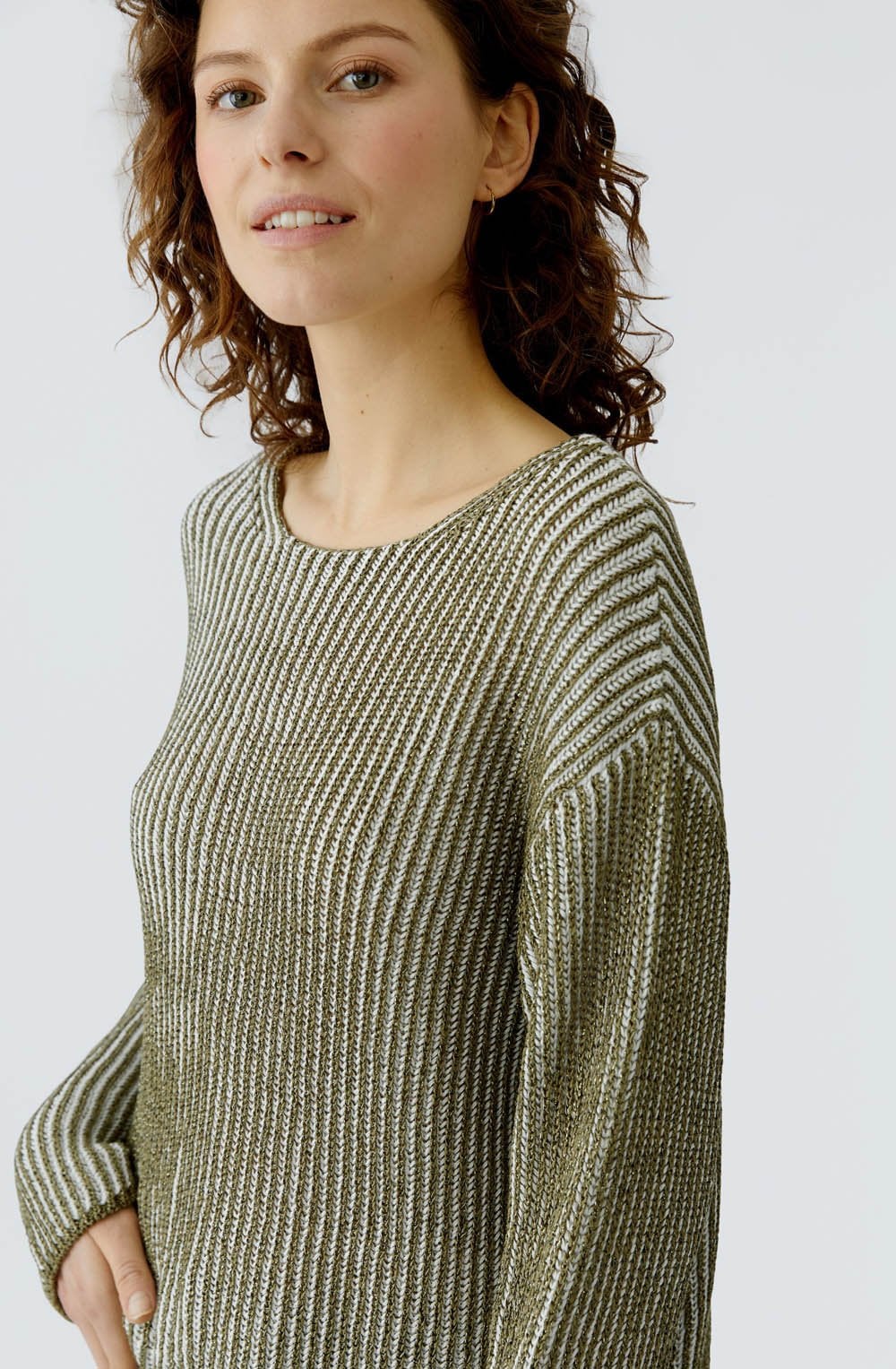Khaki Shimmer and White Ribbed Knit Jumper