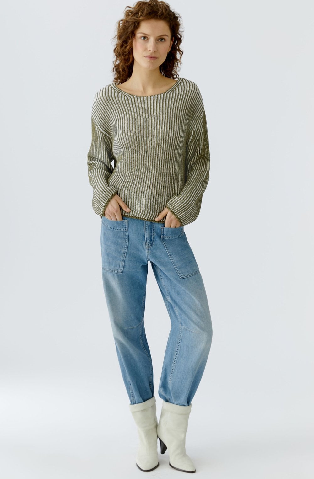 Khaki Shimmer and White Ribbed Knit Jumper