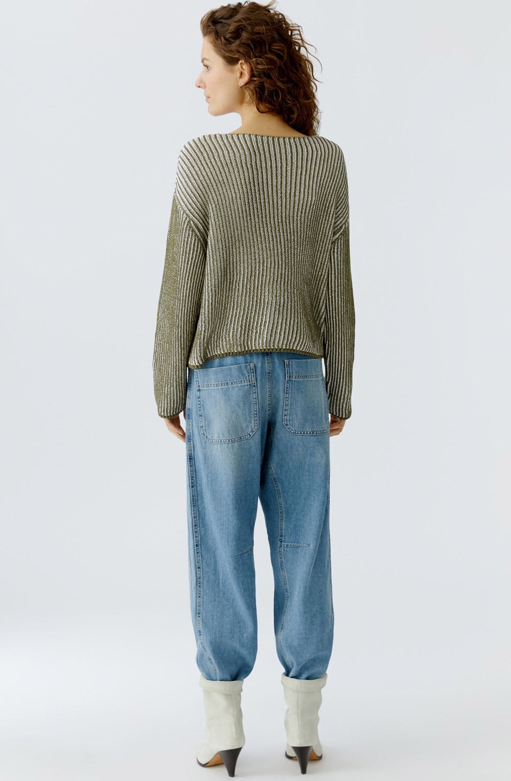 Khaki Shimmer and White Ribbed Knit Jumper
