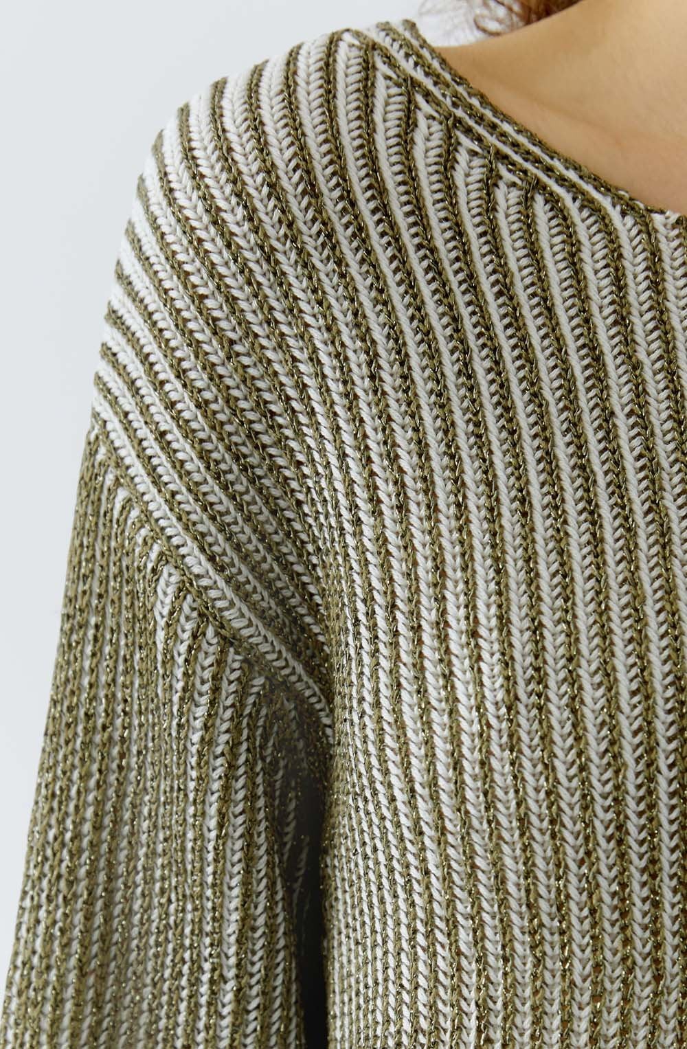 Khaki Shimmer and White Ribbed Knit Jumper