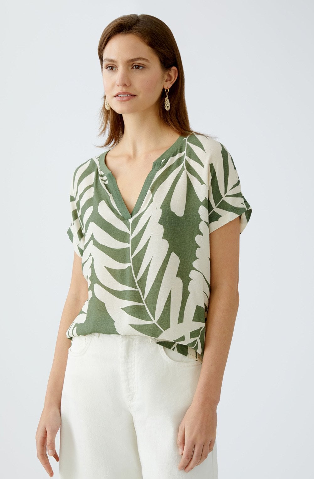 Khaki Stone Palm Leaf V Neck Blouse