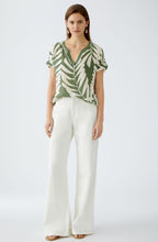 Khaki Stone Palm Leaf V Neck Blouse