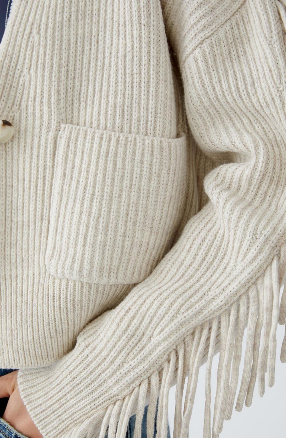 Light Beige Melange Fringed Cardigan