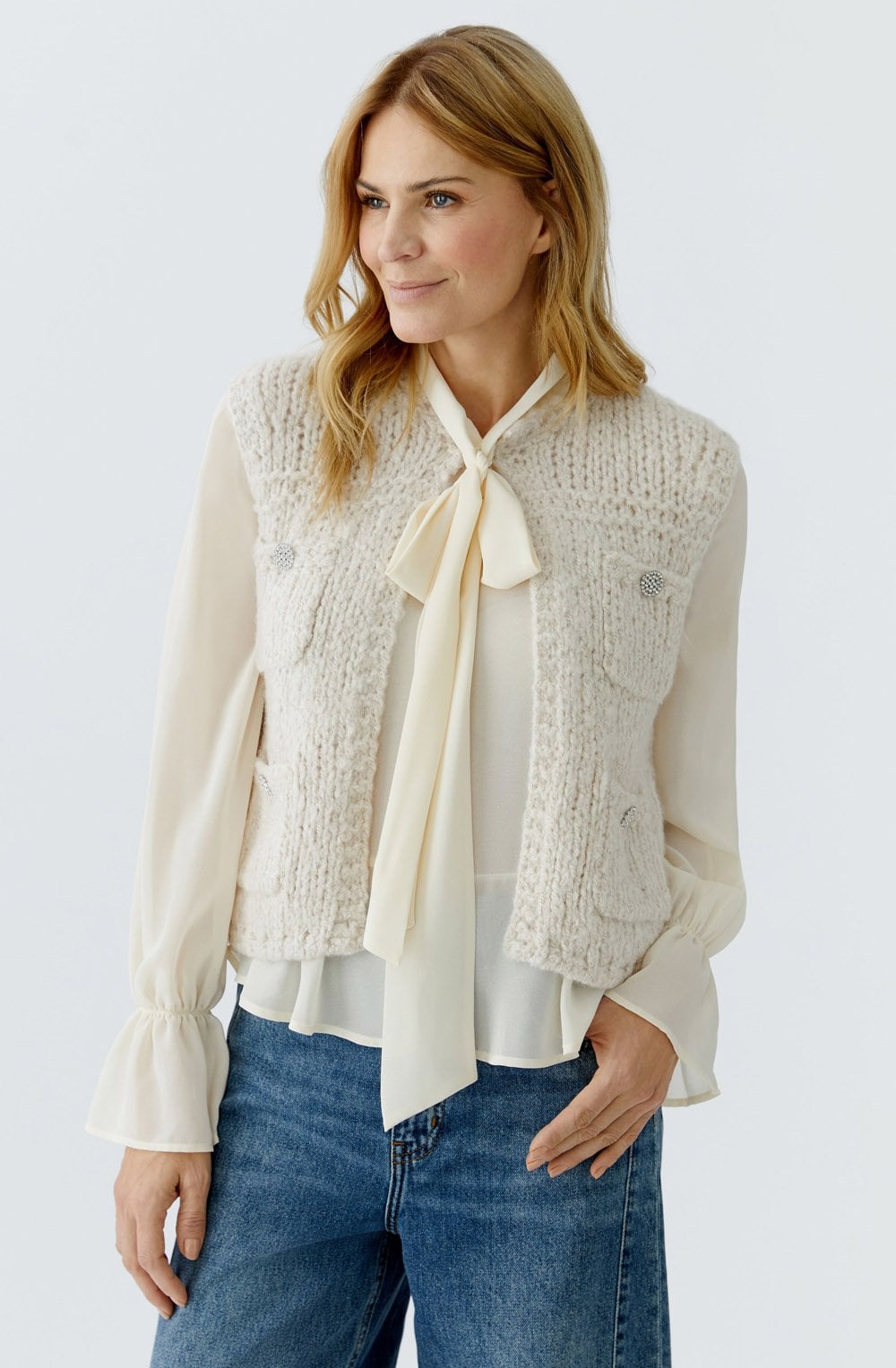 Light Beige Melange Loose Knit Wasitcoat