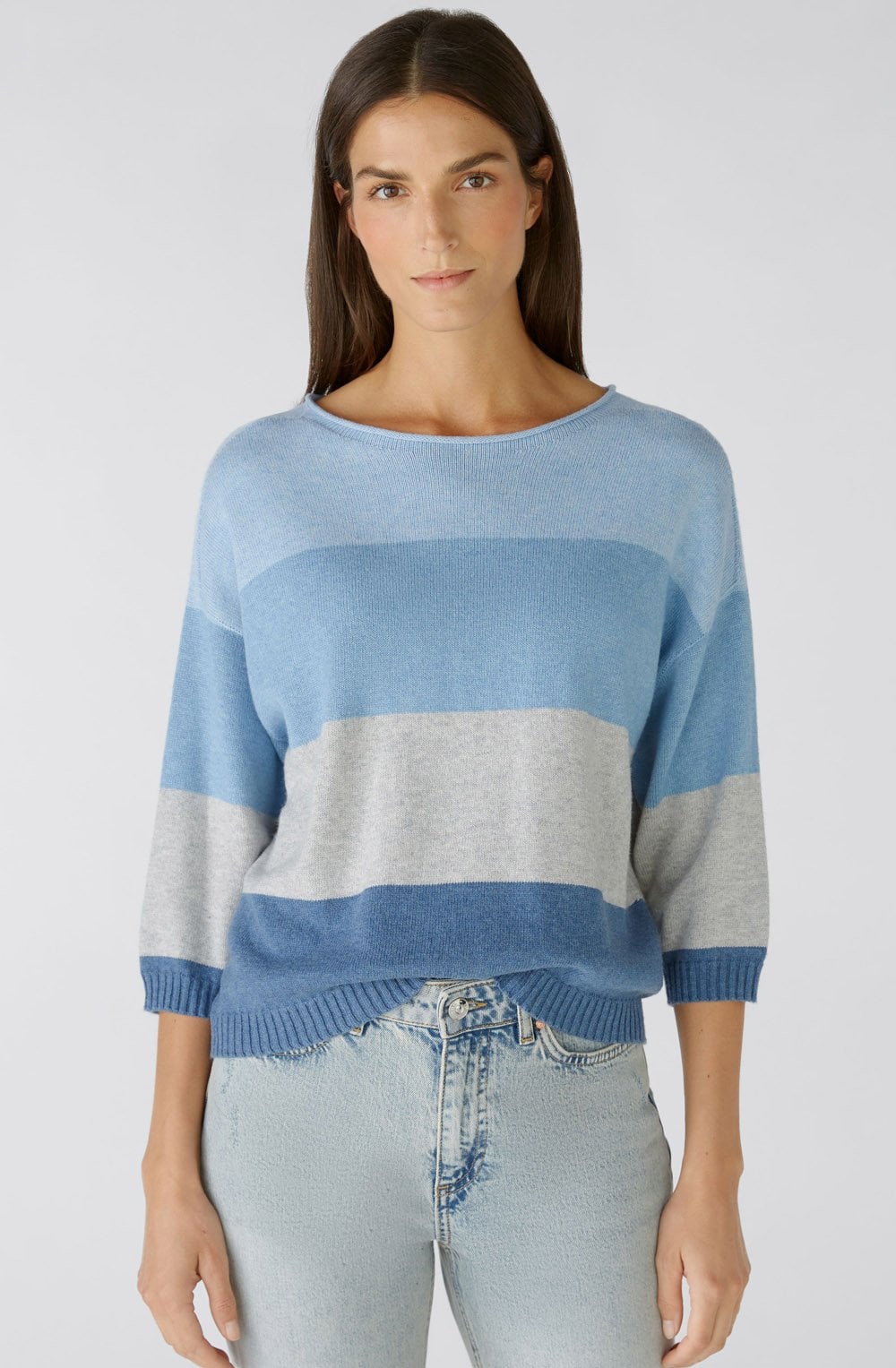 Light Blue and Grey Striped Casual Jumper