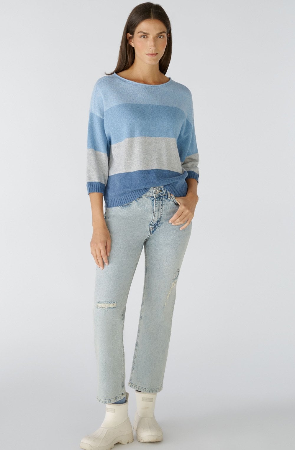 Light Blue and Grey Striped Casual Jumper