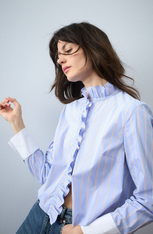 Light Blue and Rose Red Ruffle Shirt