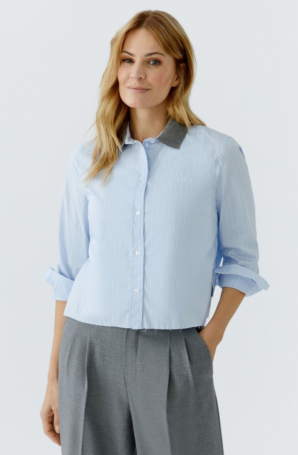 Light Blue and White Contrast Collar Shortened Shirt