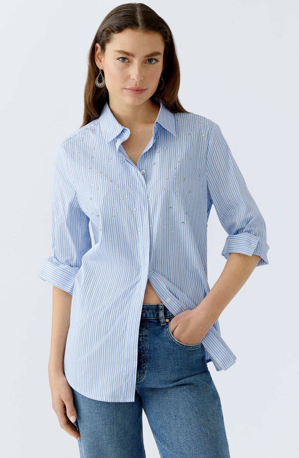 Light Blue and White Pin strip and Diamante Shirt