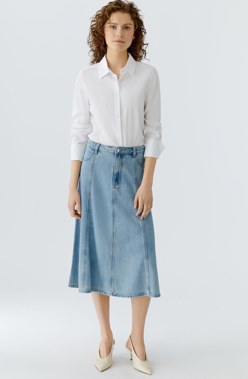 Light Blue Denim Flared Midi Skirt