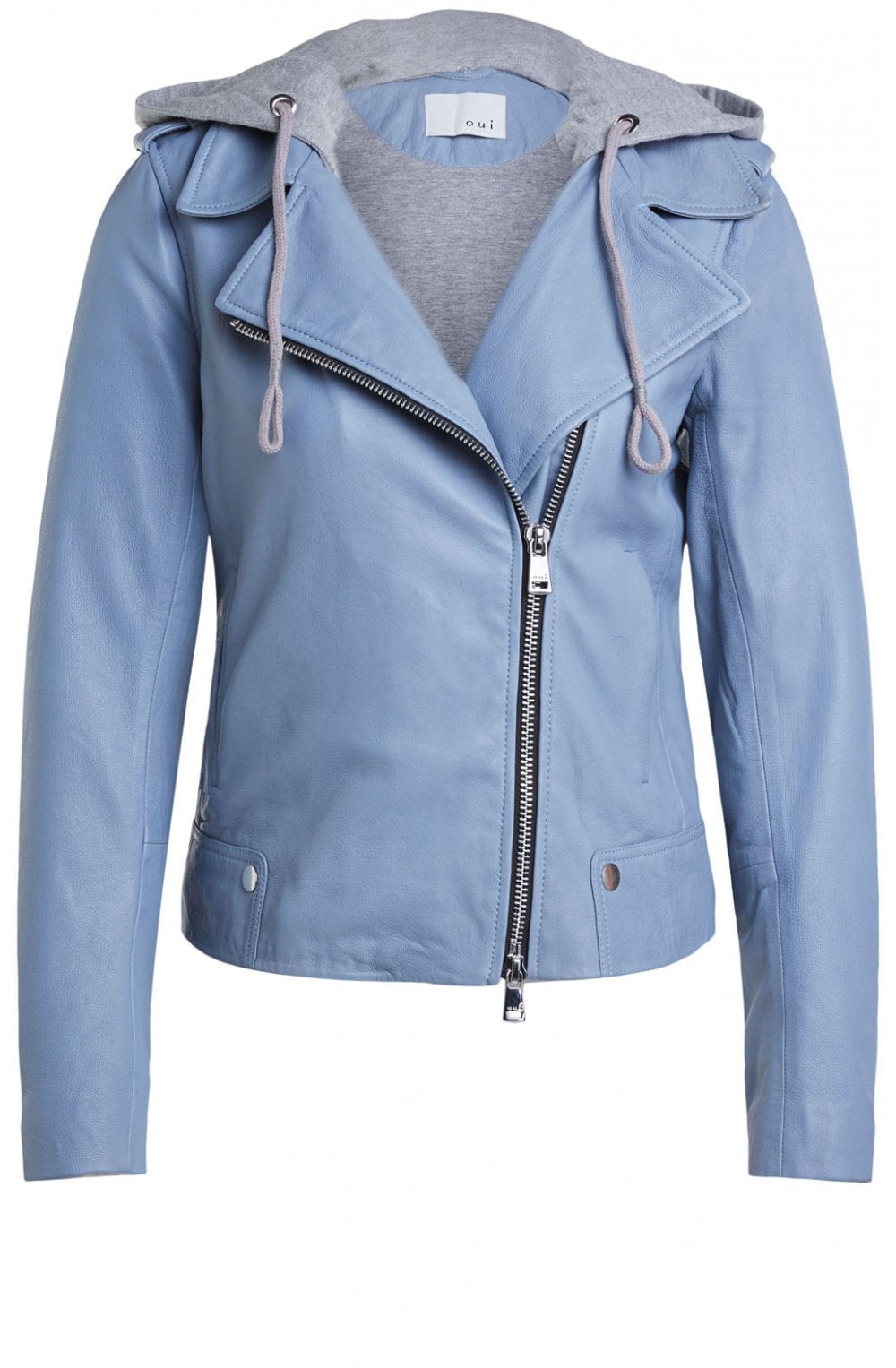 Light Blue Hooded Leather Jacket