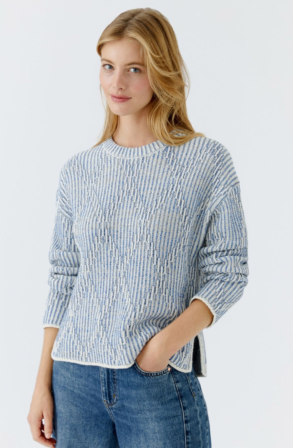 Light Blue Iconic Yarn Mix Diamond Pattern Jumper