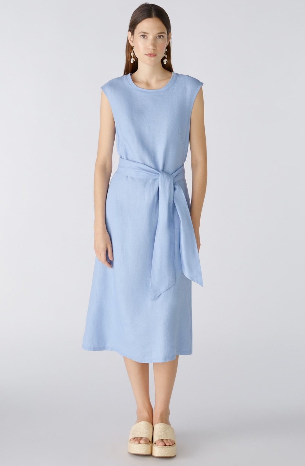 Light Blue Linen Cotton Patch Midi Dress
