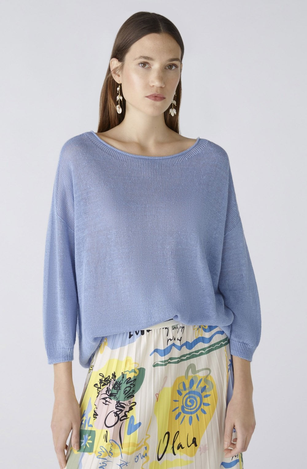 Light Blue Linen Wide Neck Jumper