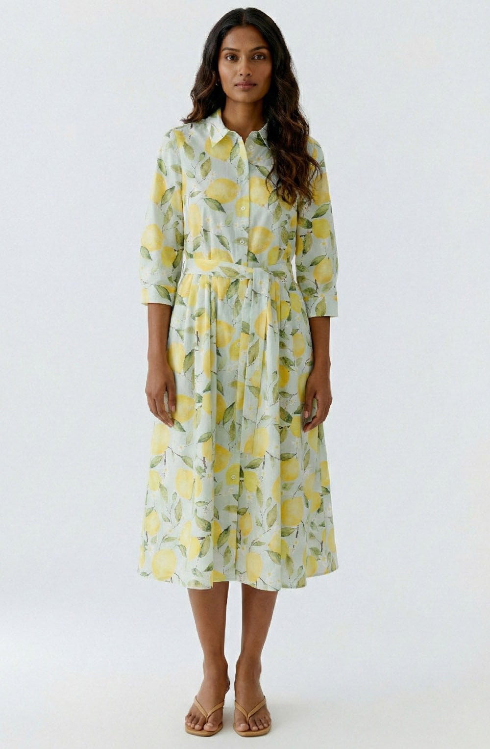 Light Green Lemon Print Belted Shirt Dress