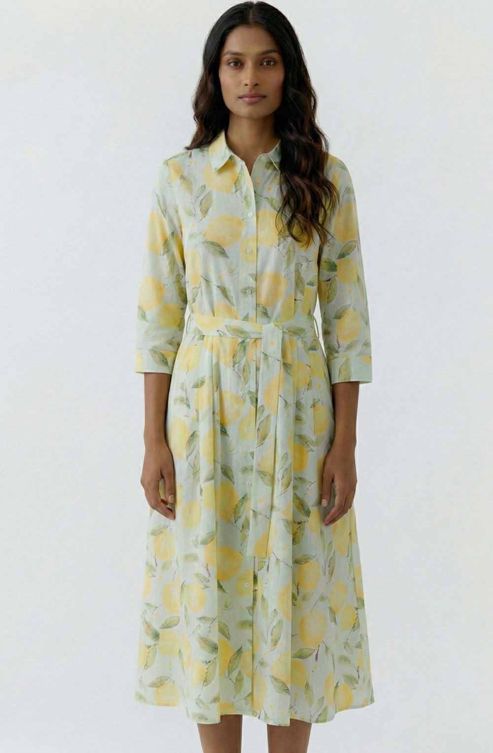 Light Green Lemon Print Belted Shirt Dress