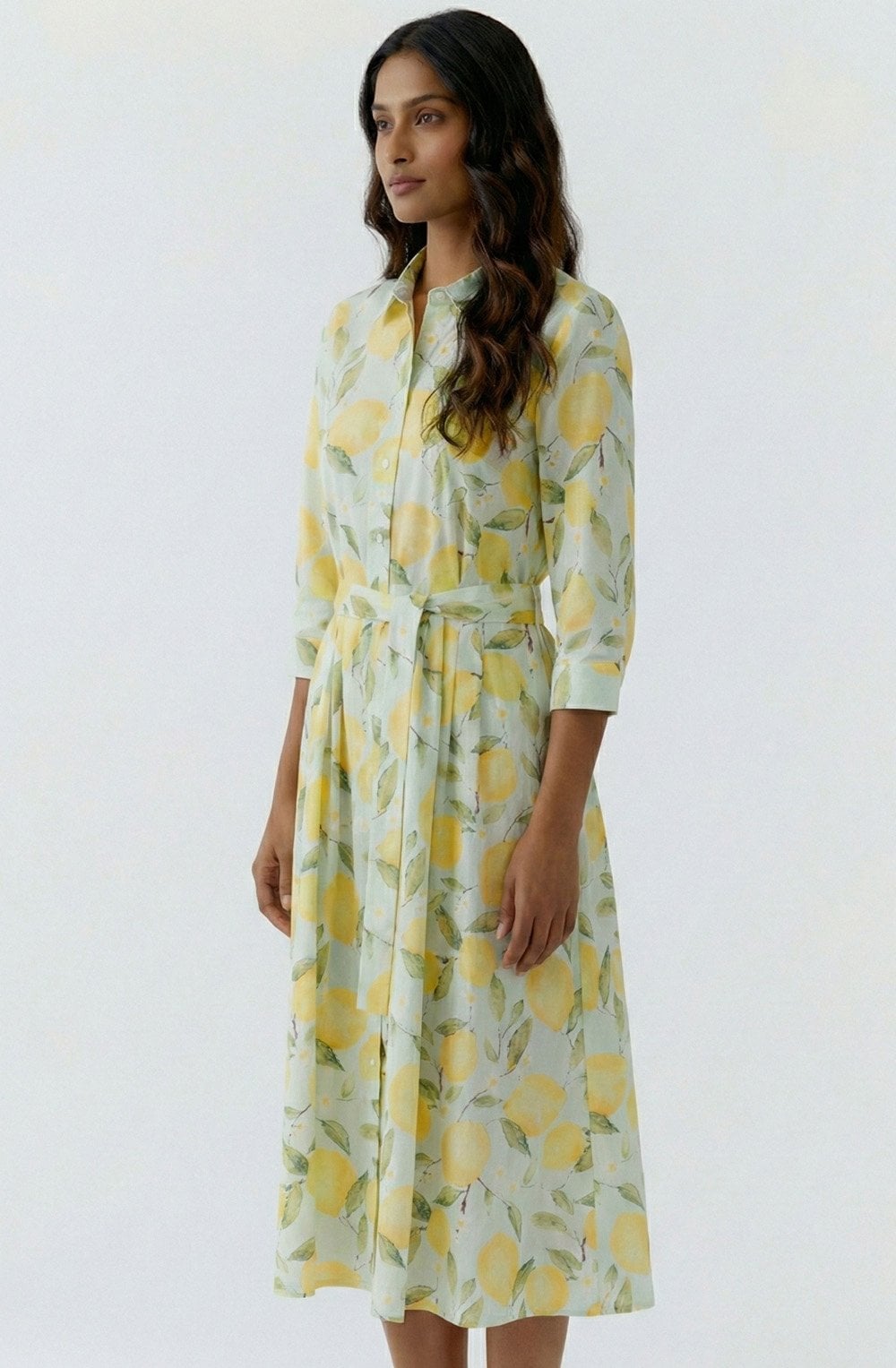Light Green Lemon Print Belted Shirt Dress