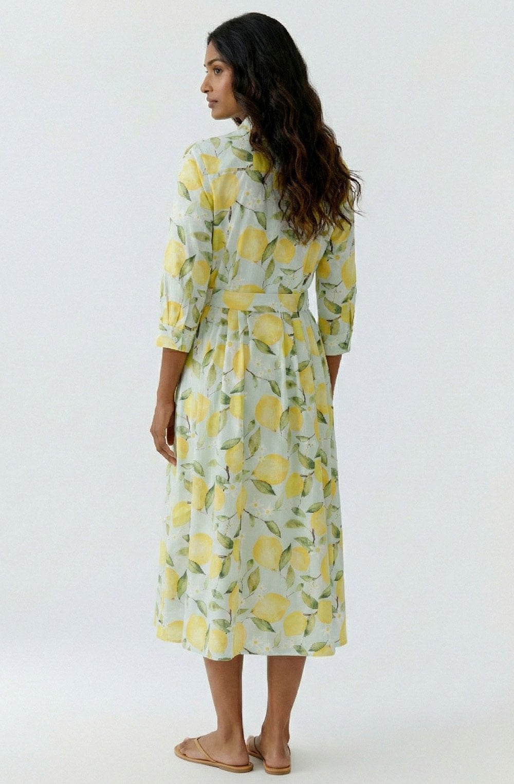 Light Green Lemon Print Belted Shirt Dress