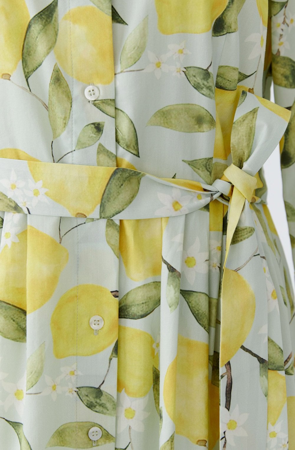 Light Green Lemon Print Belted Shirt Dress