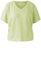 Light Green Striped Linen V Neck T Shirt