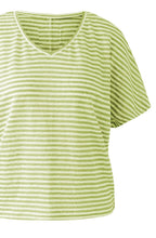 Light Green Striped Linen V Neck T Shirt