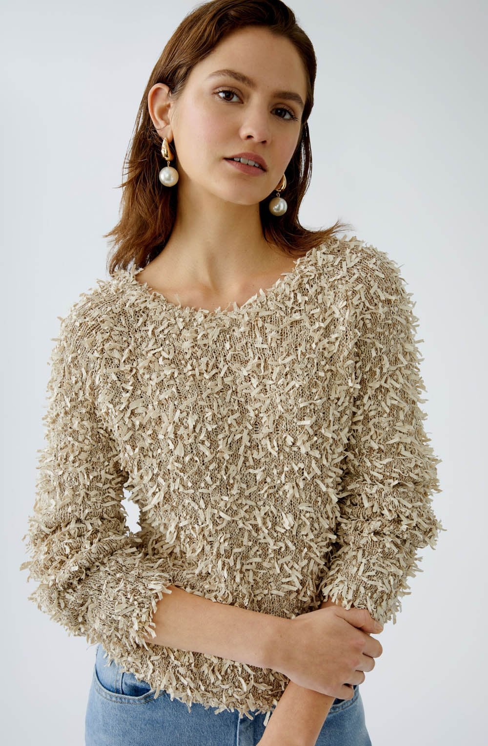 Light Stone Camel Paper Touch Fringed Pullover