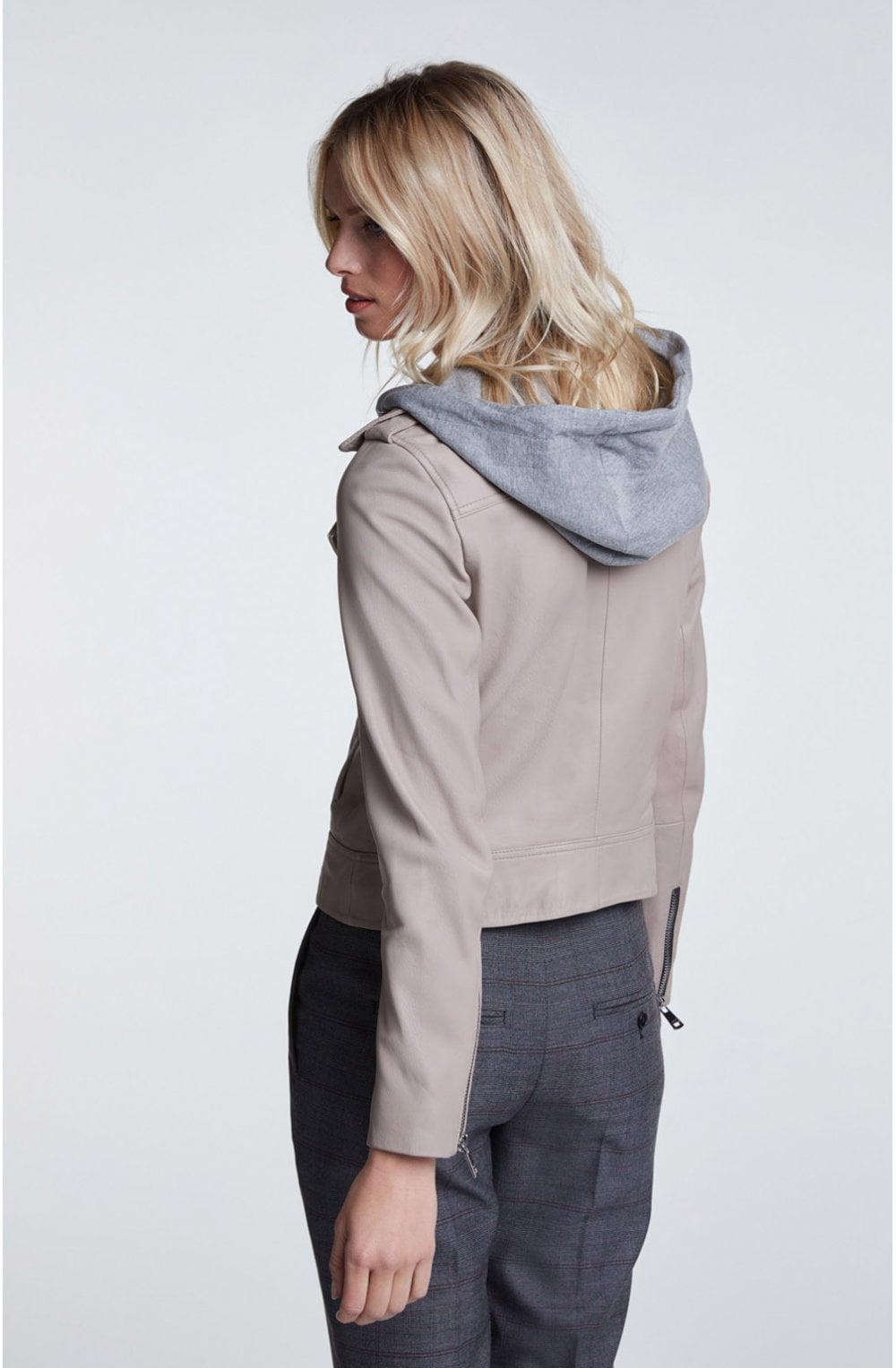 Light Stone Hooded Leather Jacket
