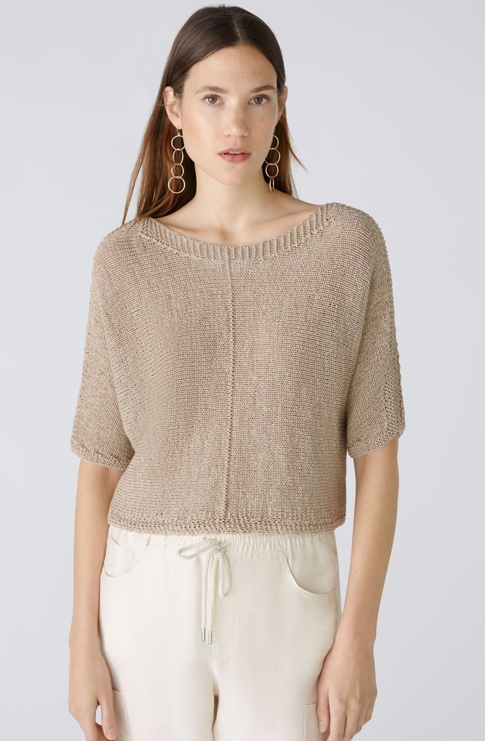 Light Stone Linen Blend Ribbon Knit Top