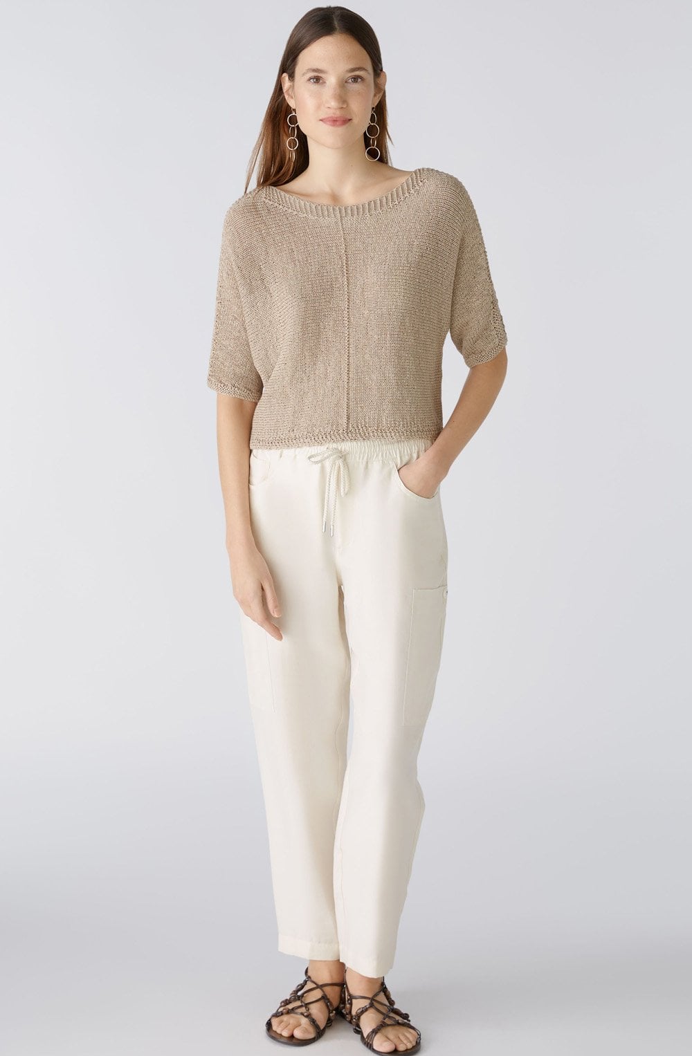 Light Stone Linen Blend Ribbon Knit Top