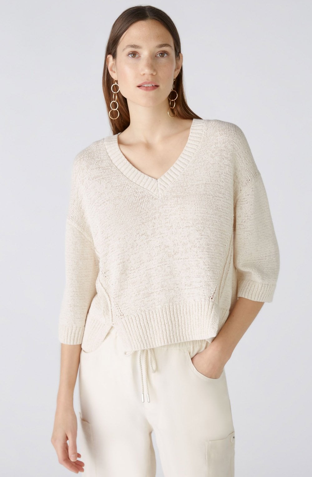 Light Stone Ribbon Knitted V Neck Top