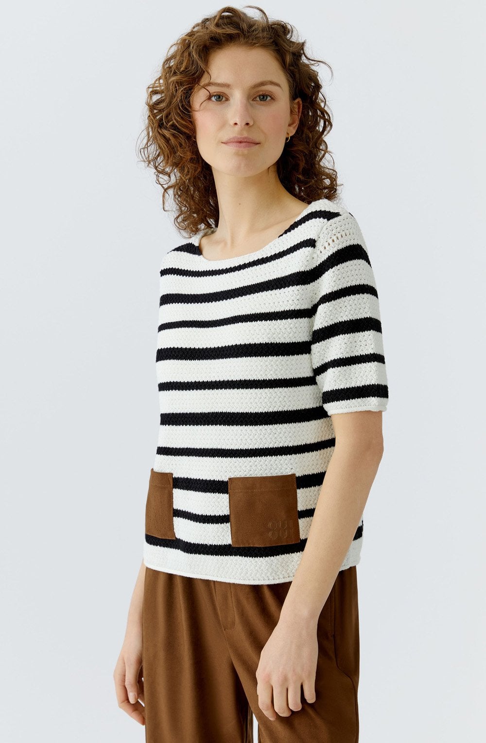 Monochrome Stripe Faux Suede Pocket Jumper