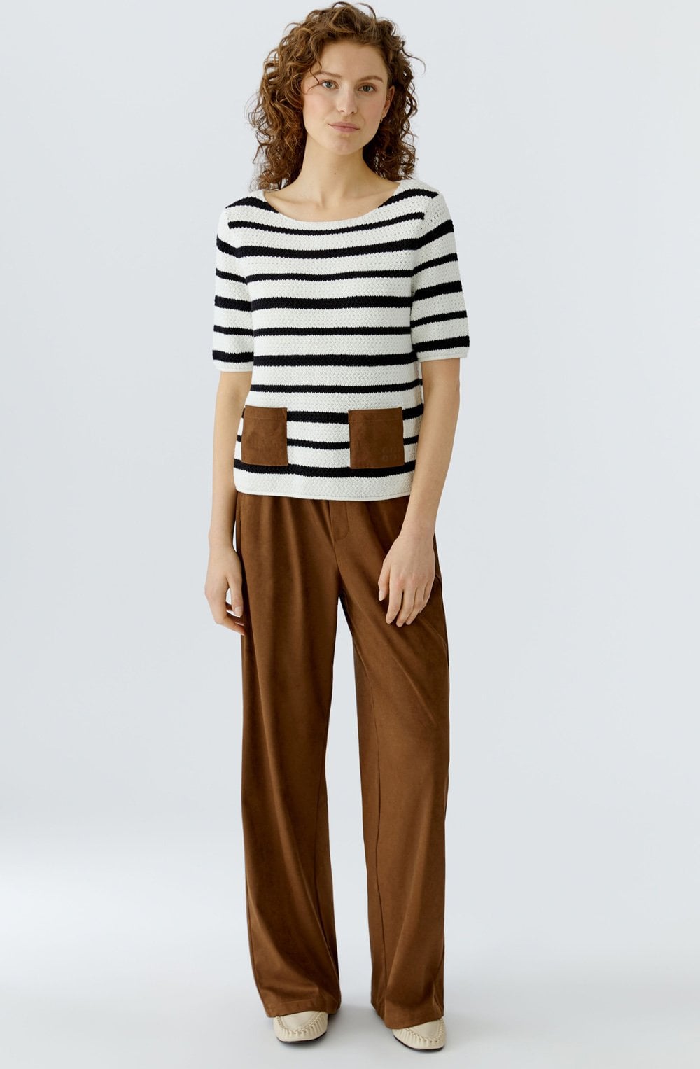 Monochrome Stripe Faux Suede Pocket Jumper