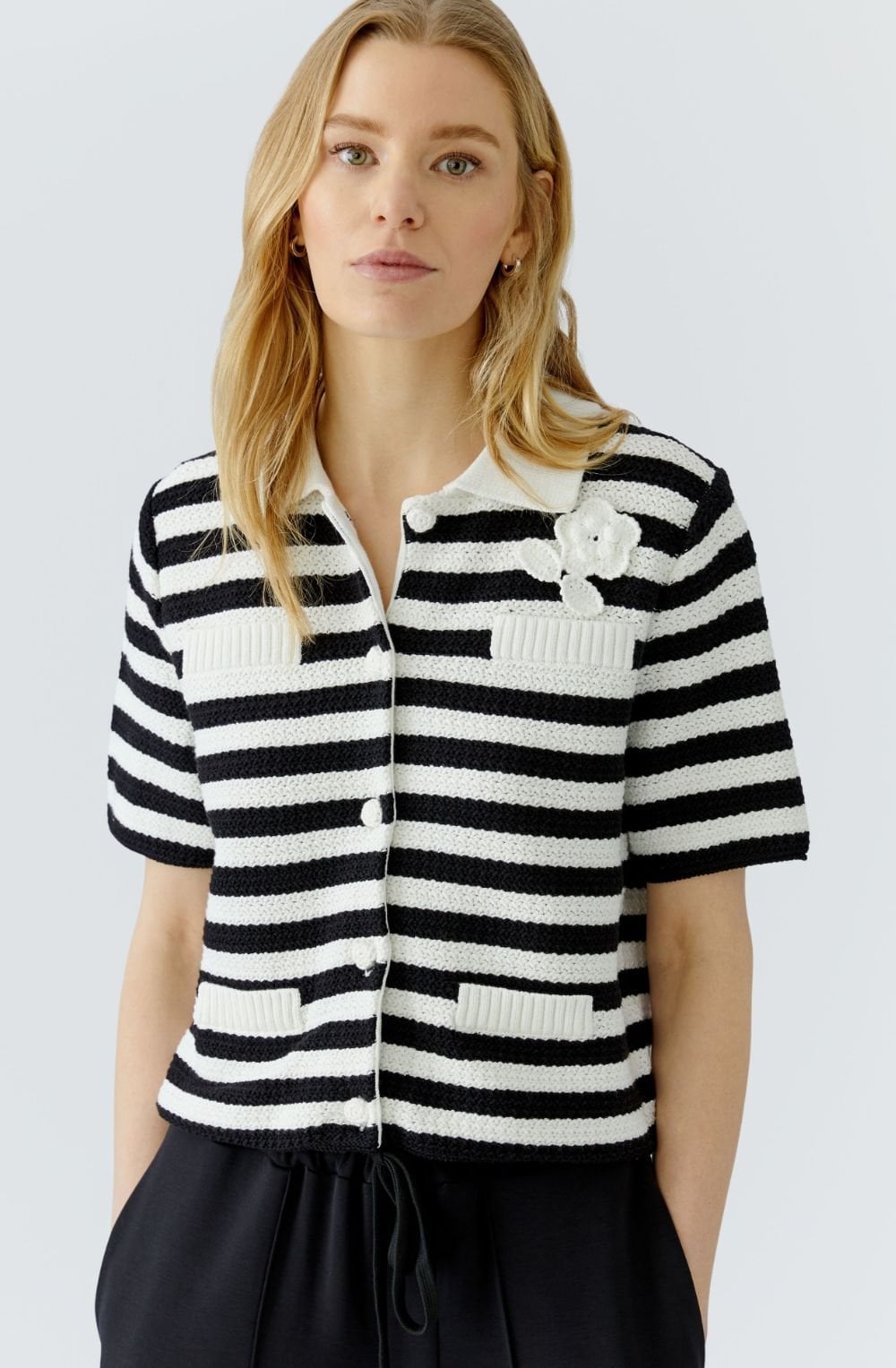 Monochrome Stripe Flower Applique Cardigan