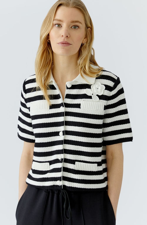 Monochrome Stripe Flower Applique Cardigan