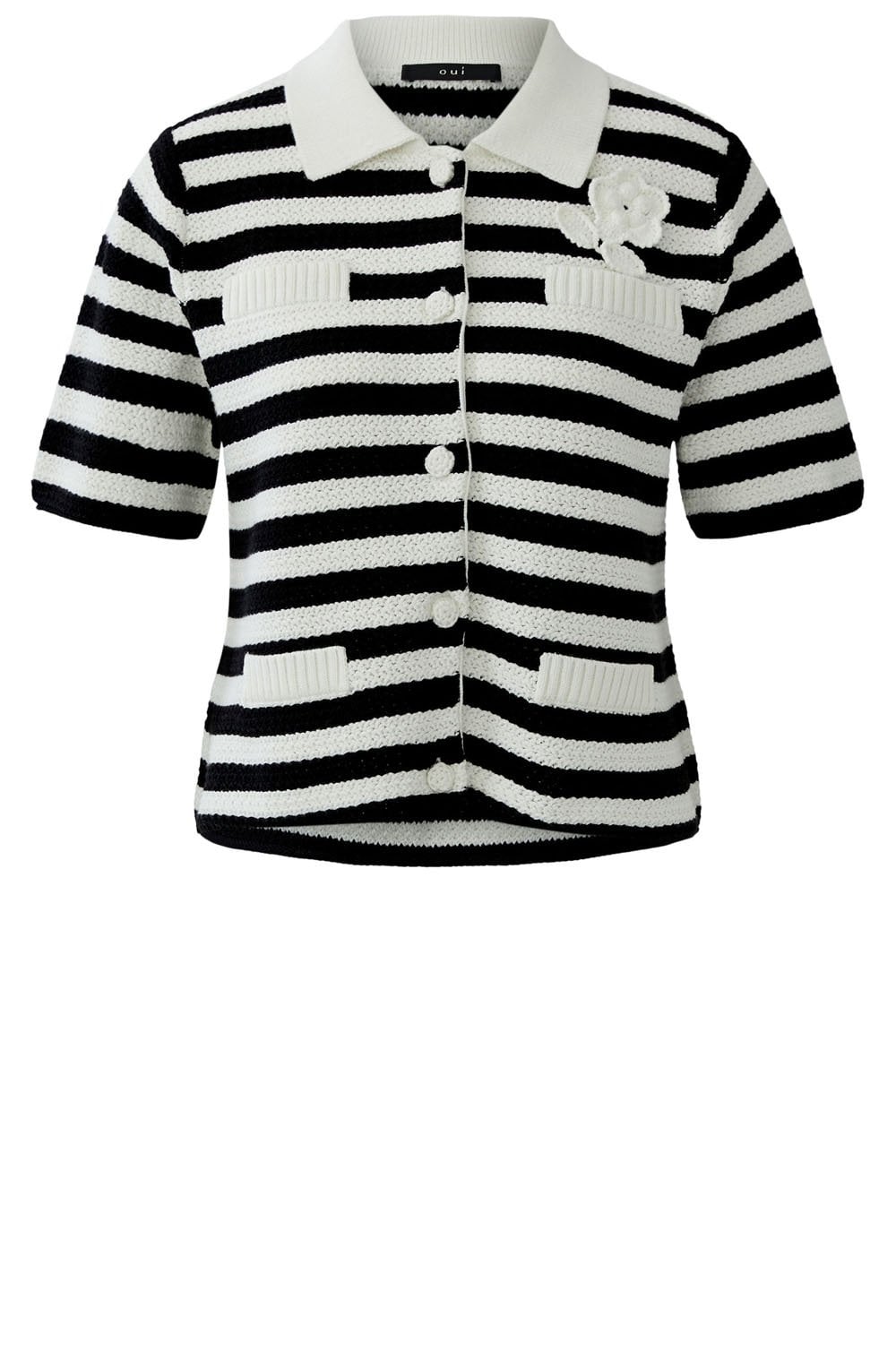 Monochrome Stripe Flower Applique Cardigan