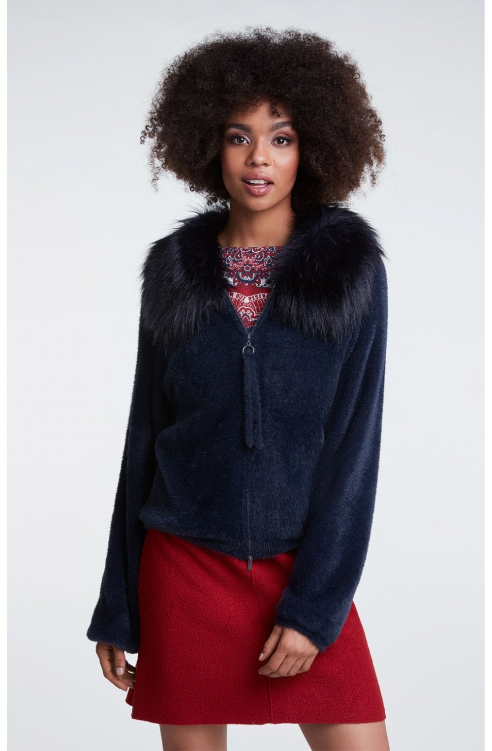 Navy Faux Fur Collar Cardigan