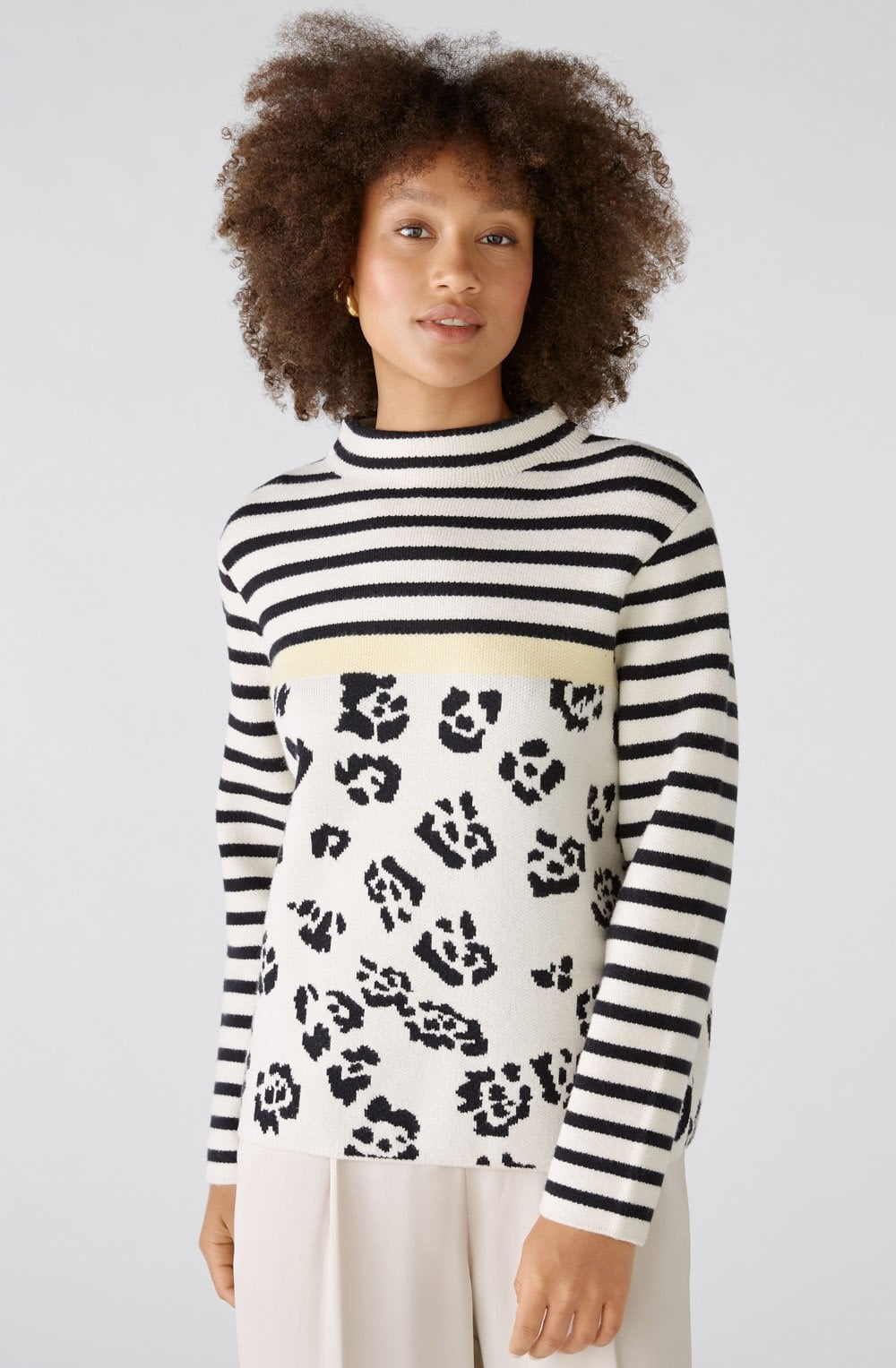Off White and Black Patterned Jacquard Jumper