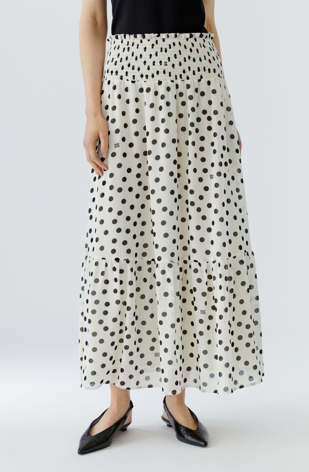 Off White and Black Polka Dot Tiered Maxi Skirt