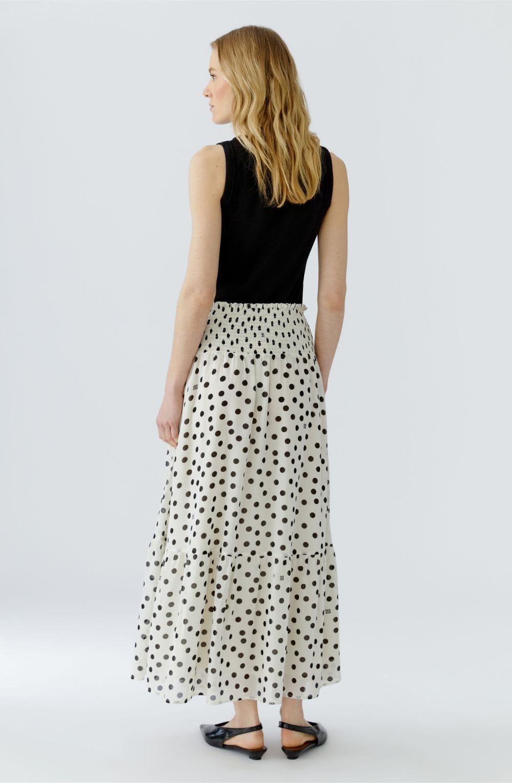 Off White and Black Polka Dot Tiered Maxi Skirt