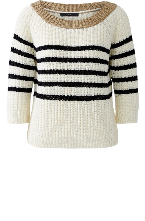 Off White and Black Striped Tape Yarn Pullover