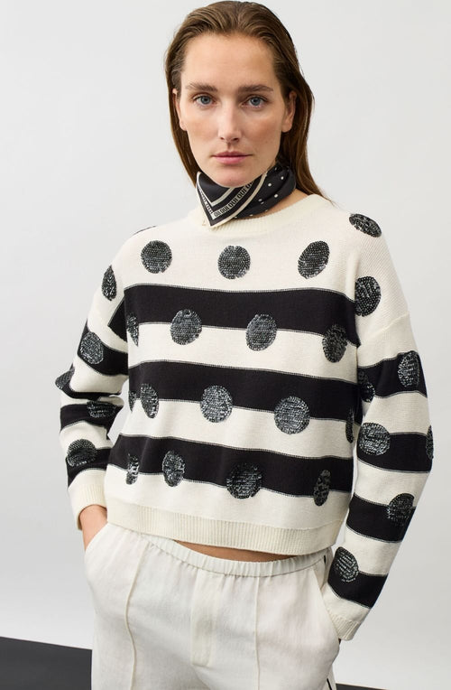Off White and Black Stripes and Sequin Polka Dot Jumper
