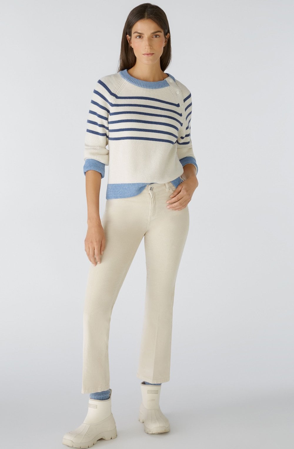 Off White and Blue Button Raglan Jumper