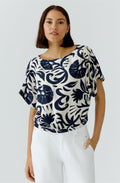 Off White and Blue Floral Cotton Fitted Hem Top