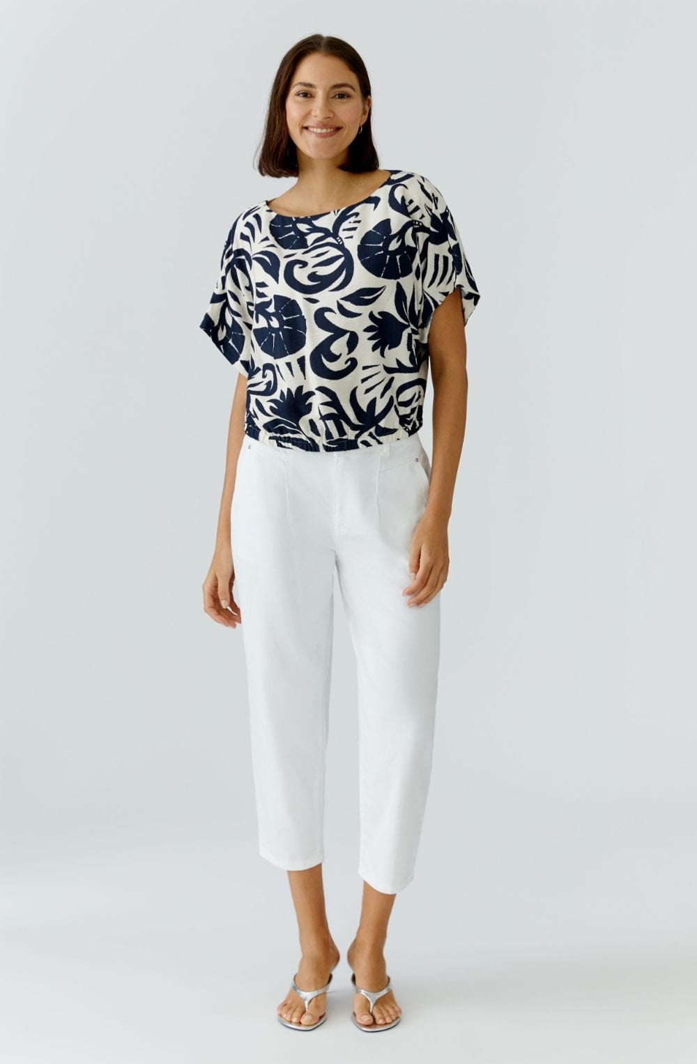 Off White and Blue Floral Cotton Fitted Hem Top
