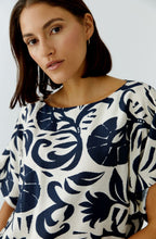 Off White and Blue Floral Cotton Fitted Hem Top