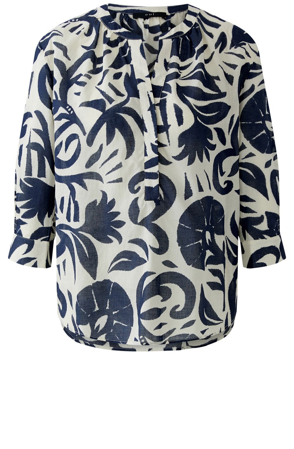 Off White and Blue Floral Cotton Tunic Blouse